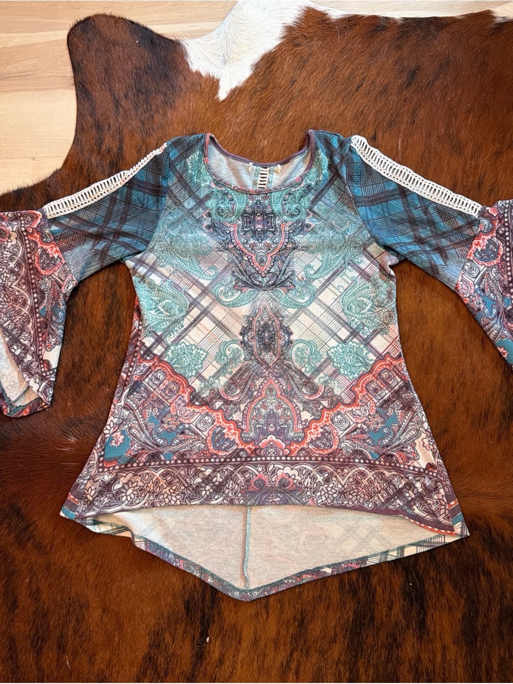 Vintage Paisley & Plaid Mixed-Print Women's Top in Teal and Rust